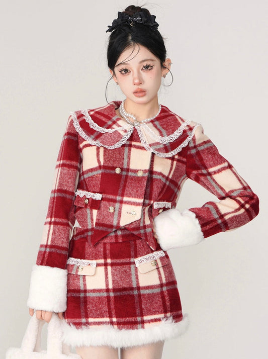 レトロフレンチレースカラーチェックジャケット＋ファーチェックダブルスカート