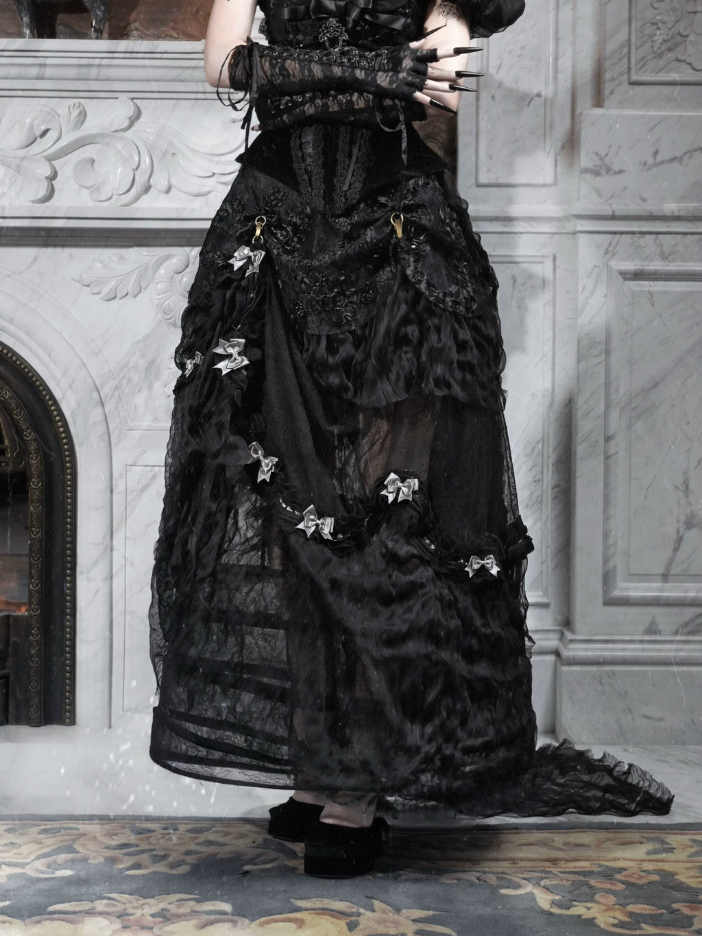 Black Bustle Gothic maxi skirt, front styled view by Blood Supply