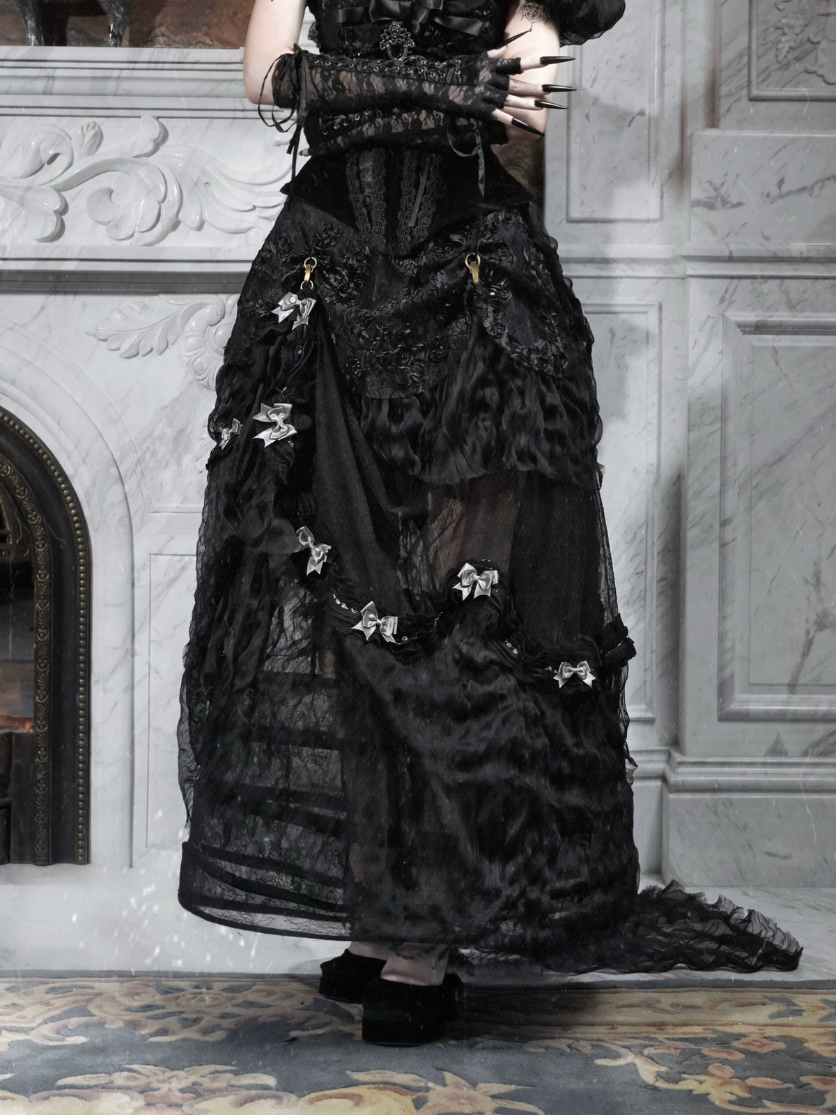 Black Bustle Gothic maxi skirt, front styled view by Blood Supply