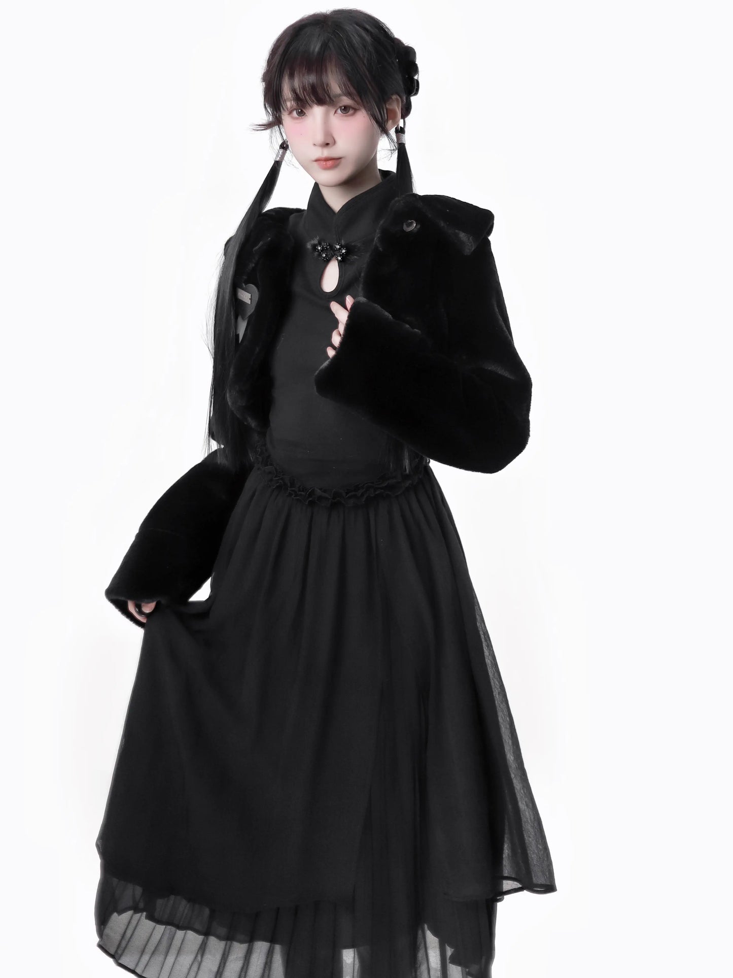 China Hoight Black Knit Springing Waist Frill Turu Dress