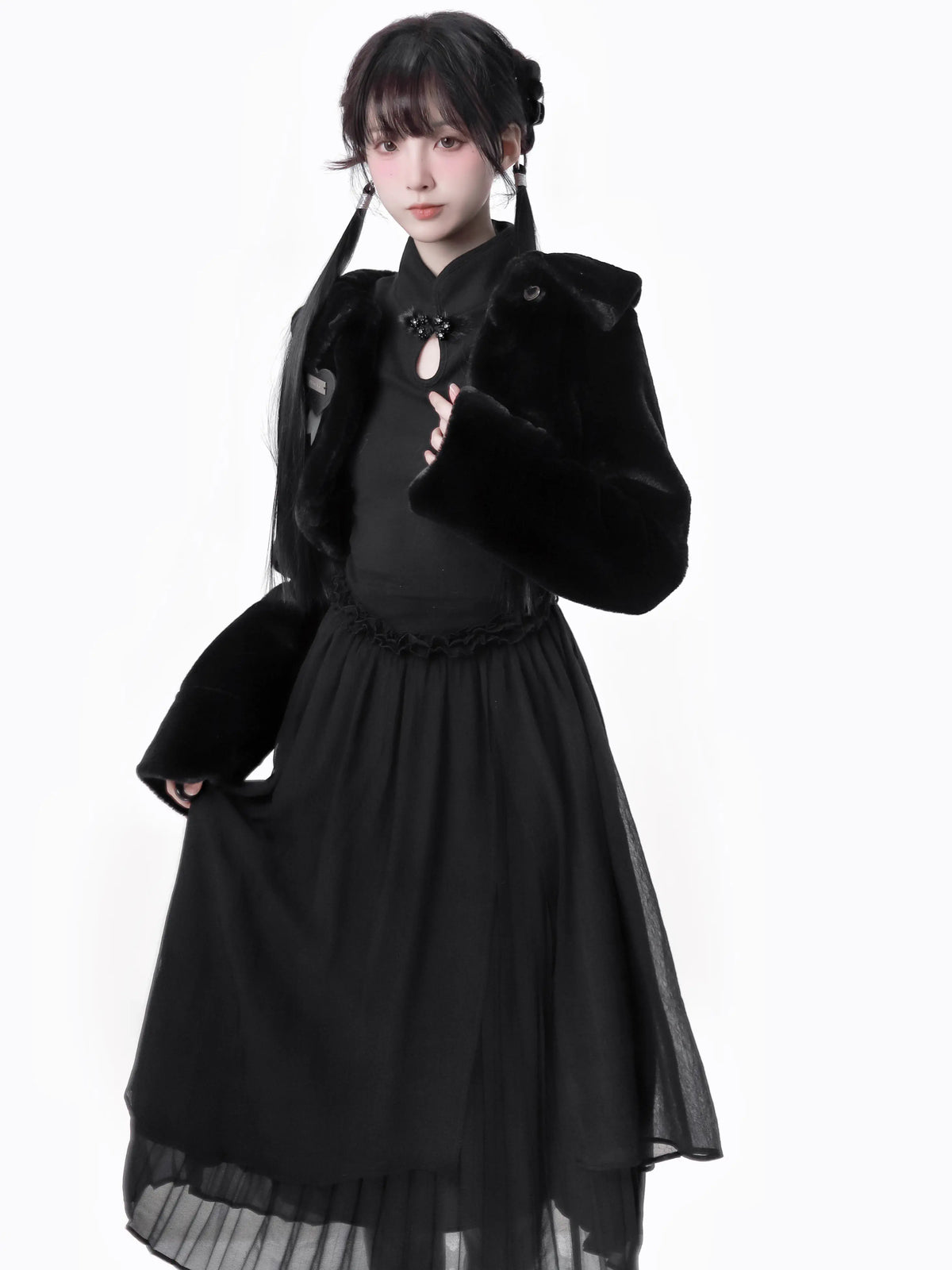 China Hoight Black Knit Springing Waist Frill Turu Dress