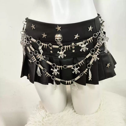 Gothic Punk Y2K PU Leather Pleated Skirt Skeleton Chain Short Skirt