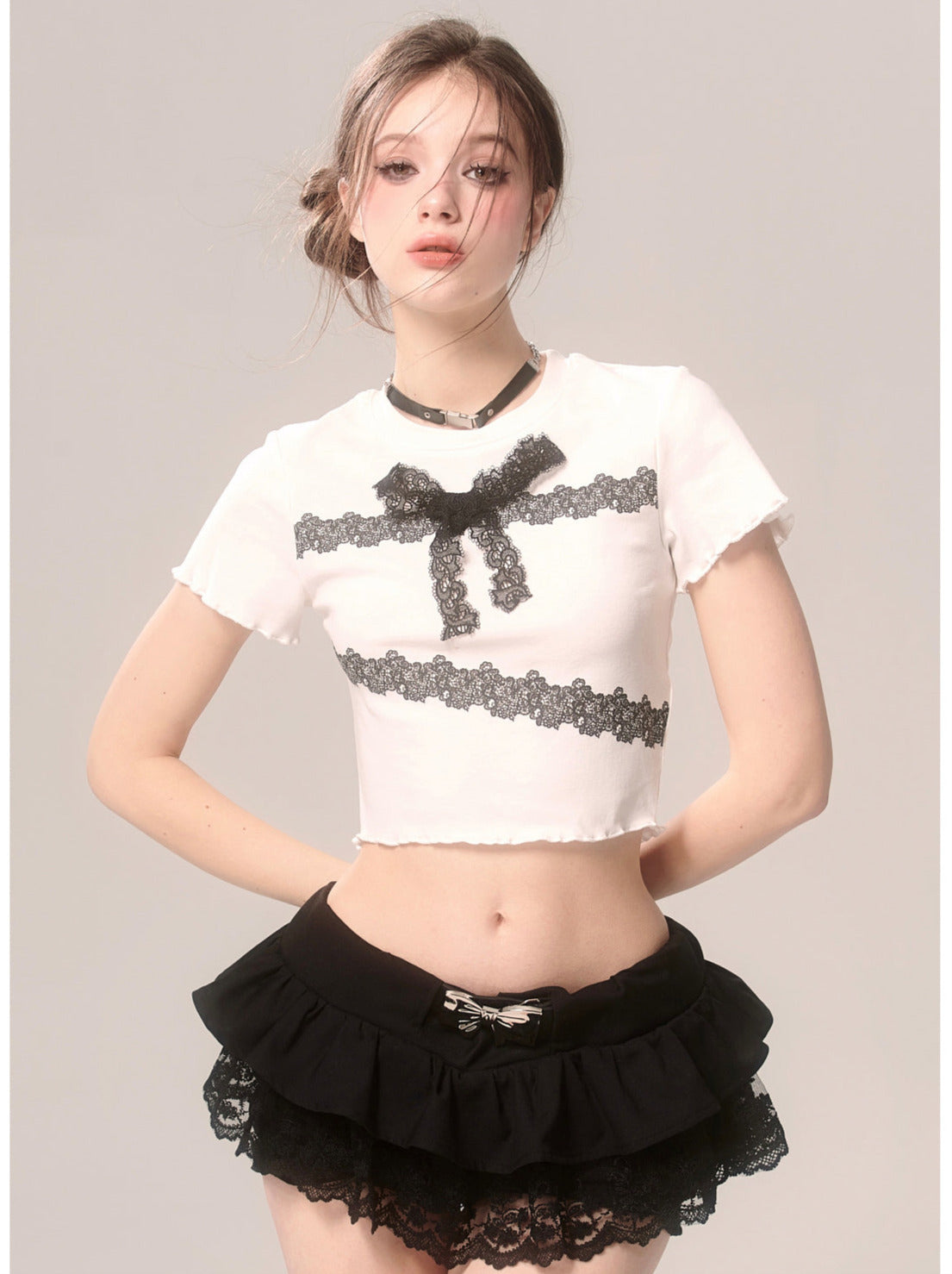 スリムレースTシャツ フリル ショートリボン