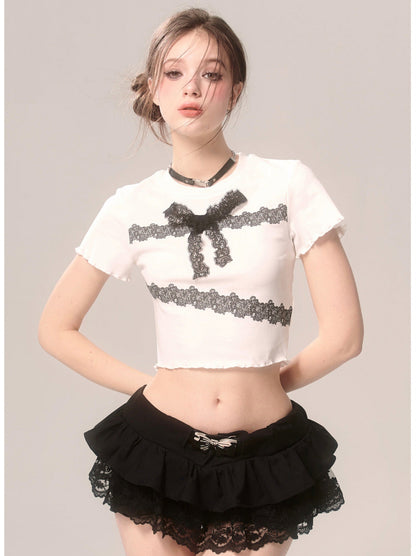 スリムレースTシャツ フリル ショートリボン