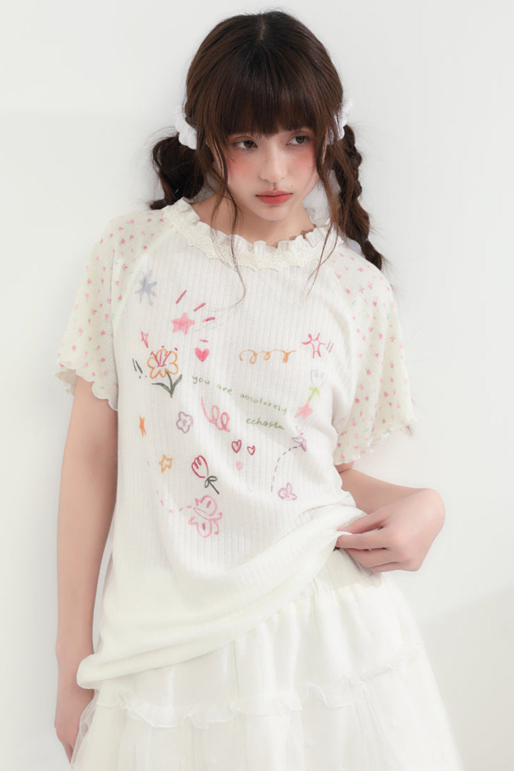 ラウンドネックハートフローラルトップス