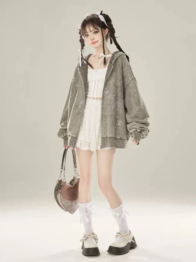 ジッパー付きフード付きダイヤモンドドゥルージーグレーパーカーライト