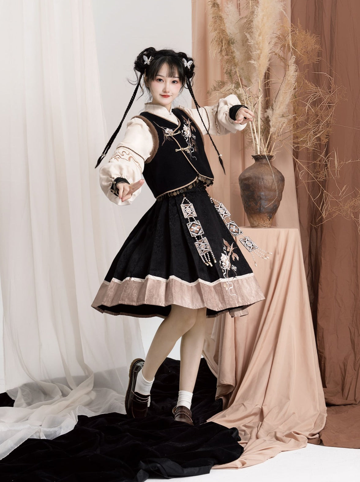 エキゾチックプラスブラウスベストフラワースリーブバッグショルダーバルーンフレアスカート