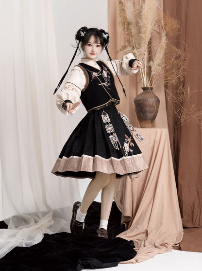 エキゾチックプラスブラウスベストフラワースリーブバッグショルダーバルーンフレアスカート