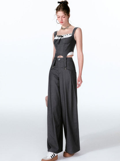 Wide Two-piece + Design Contrast Faux Vest Mint-cool Pants