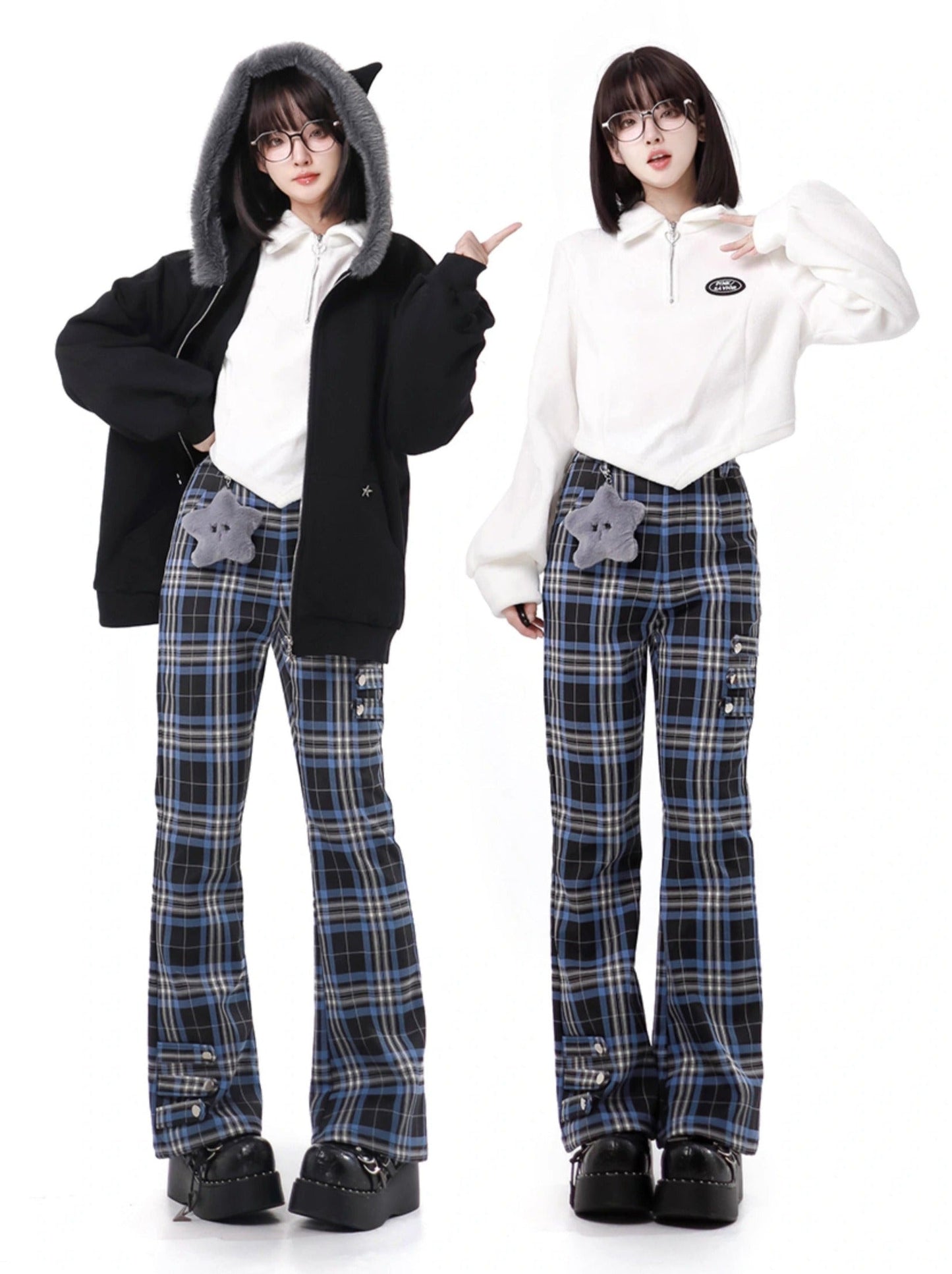 Nyar Star Gravity Velvet Katzenohr-Farjack+blau karierte Collegehose