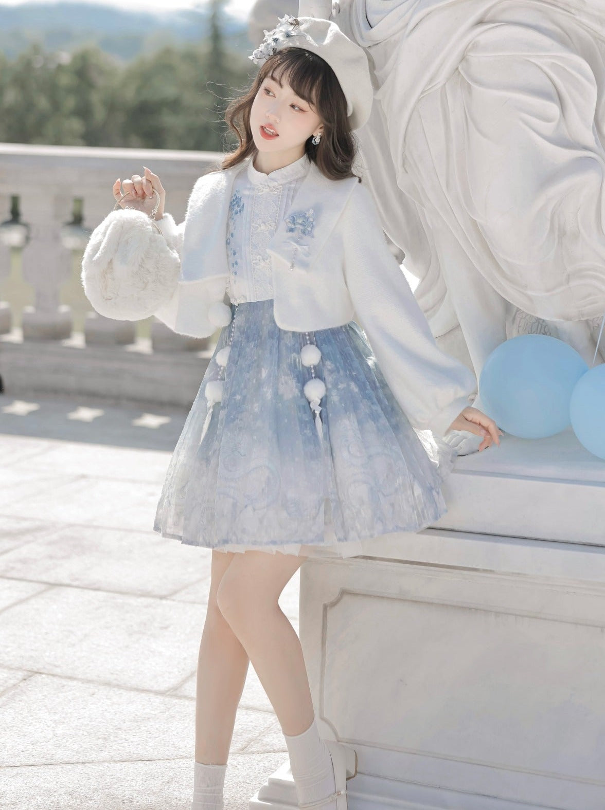 ドレス ショート ブルー チャイニーズファーコート アイス