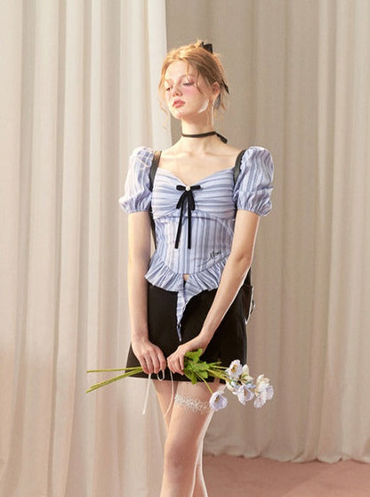 Puff College-Streifen-Top mit Schmetterlingsärmeln