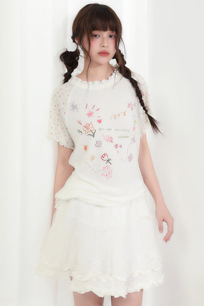 ラウンドネックハートフローラルトップス