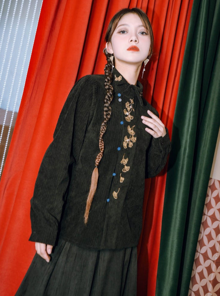 リーフレトロ刺繍シャツチャイナコーデュロイ