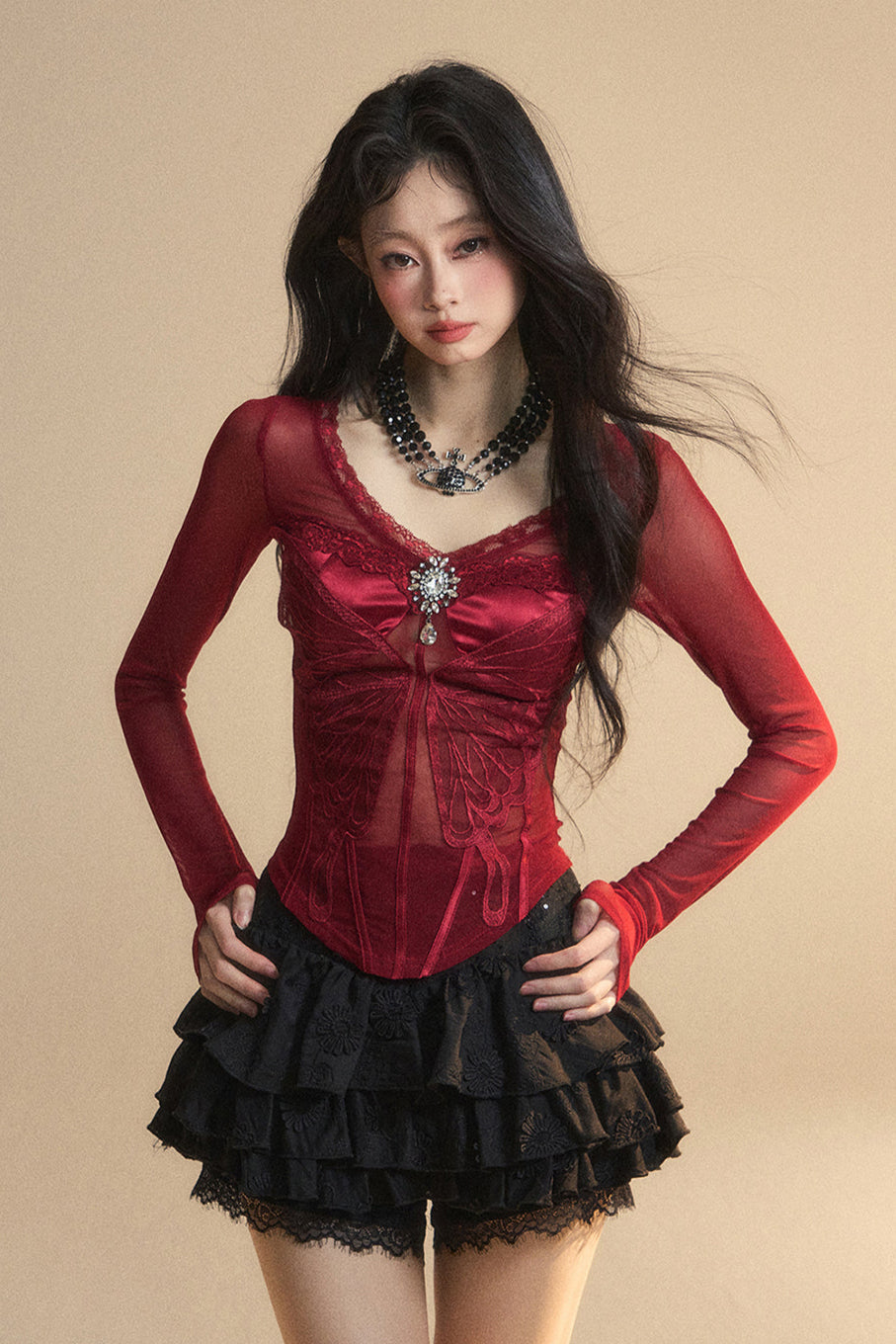 トップメッシュクランベリー 予約商品 オーストラリアンレース Vネック