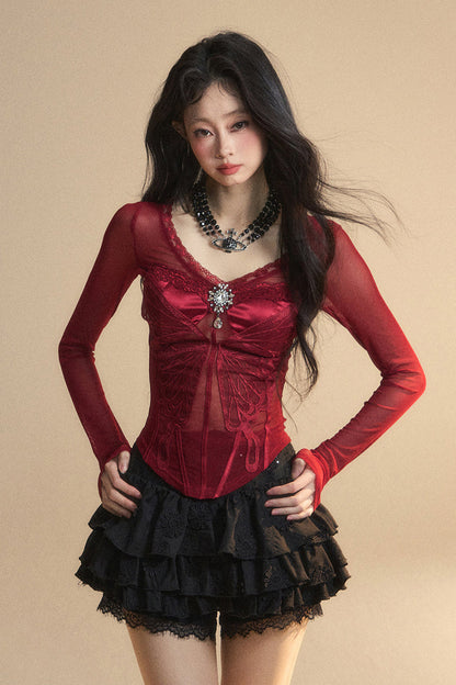 トップメッシュクランベリー 予約商品 オーストラリアンレース Vネック