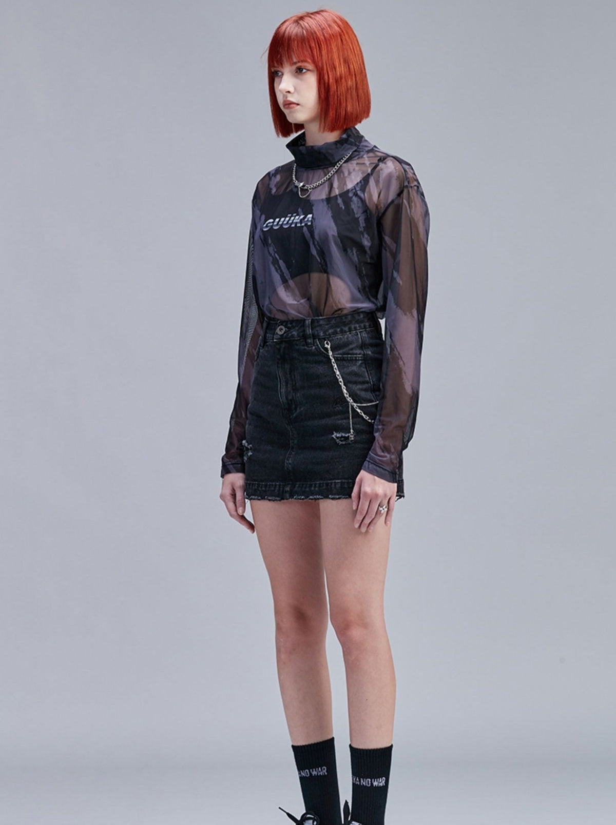 Slim Skin Mode Sheer Top Neck High Mesh