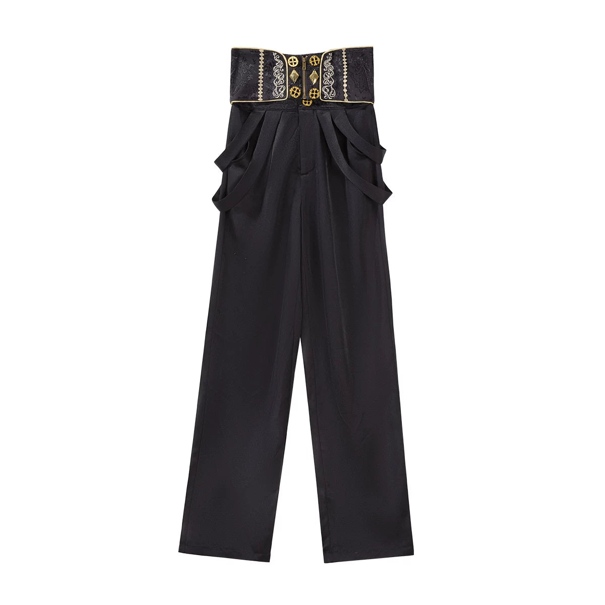 Black high-waisted ouji Lolita pants with decorative waist detail