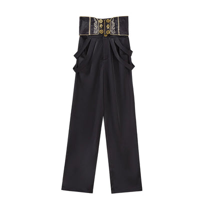 Black high-waisted ouji Lolita pants with decorative waist detail