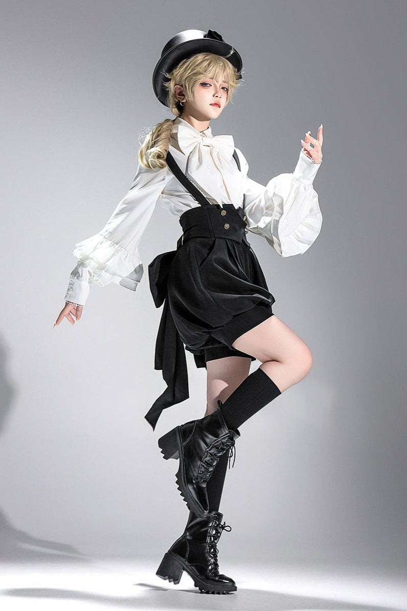 キュート+レトロショートパンツエレガントシャツリボンプリンス予約テールダーク