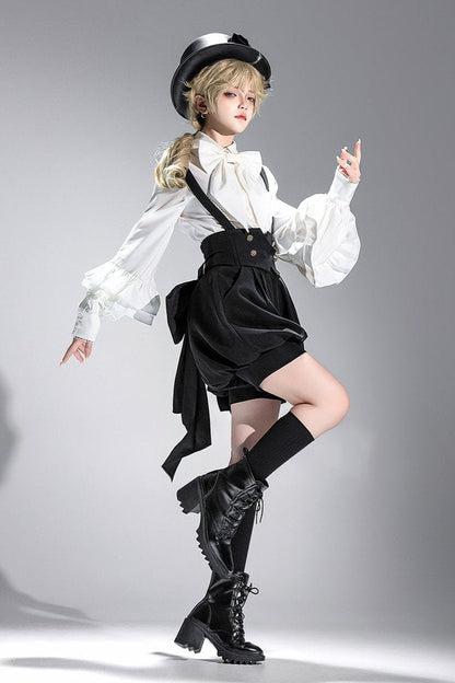 キュート+レトロショートパンツエレガントシャツリボンプリンス予約テールダーク