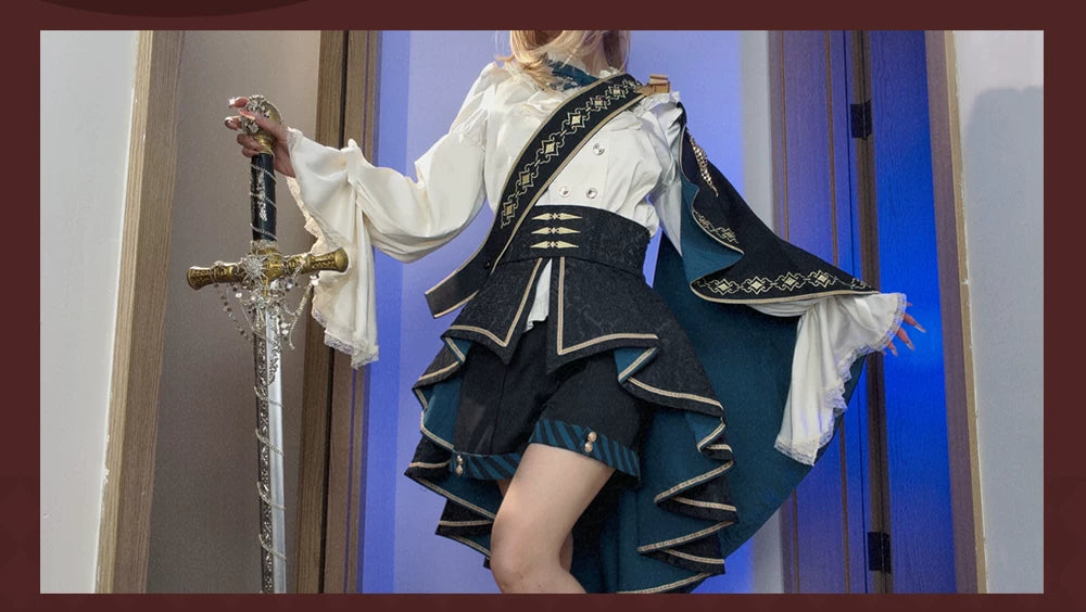 Navy Blue Crusader Cross outfit showing cape and layered train