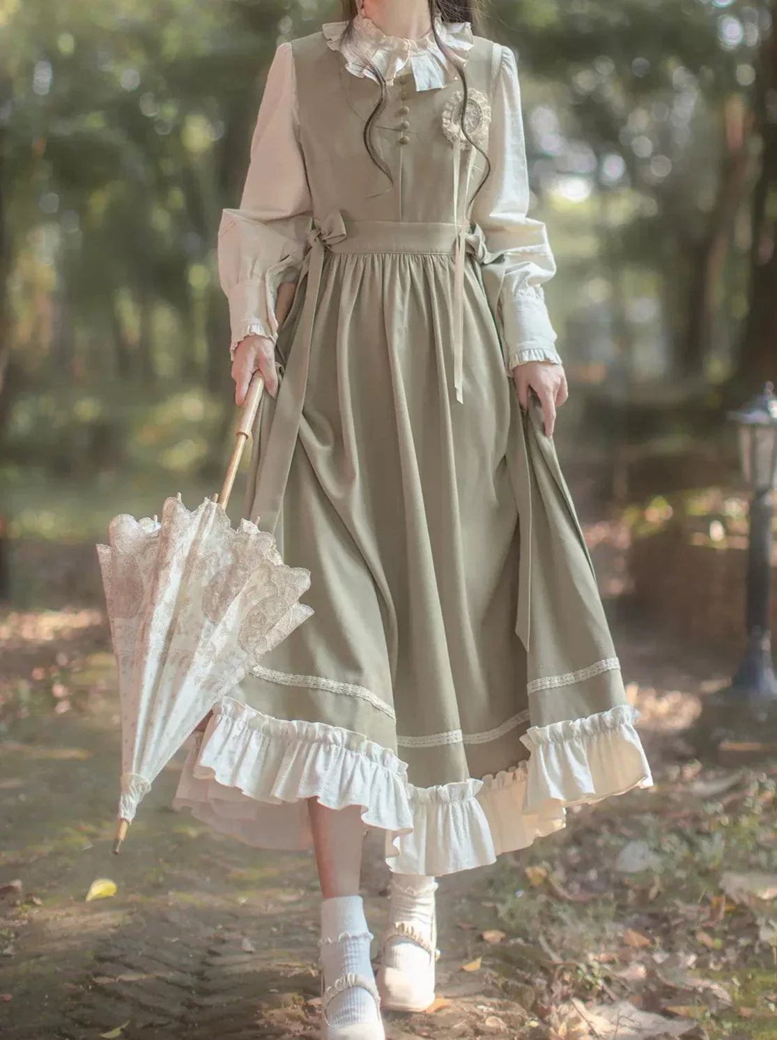 Dress French + Retro Long Ruffle Vest Green Blouse