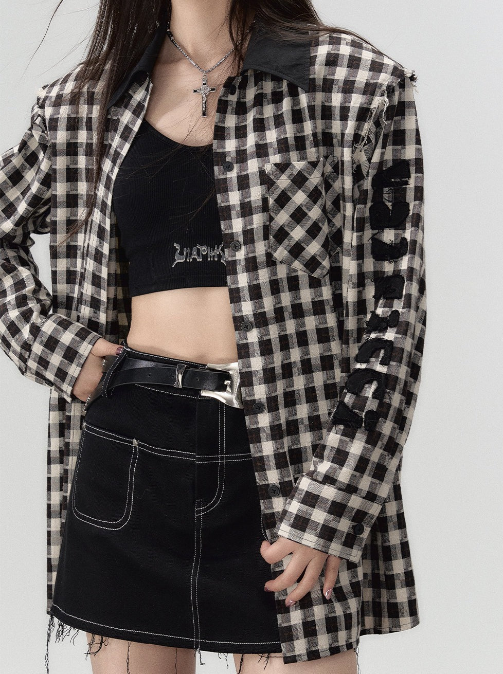 Check Shoulder Loose Silhouette Shirt