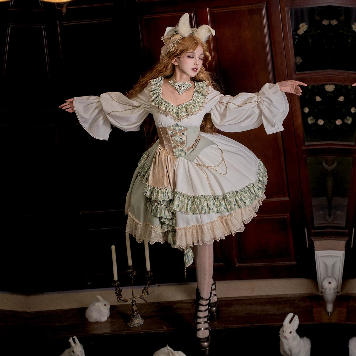 Green and white Decisive Chess Pieces Gothic Lolita OP dress on model