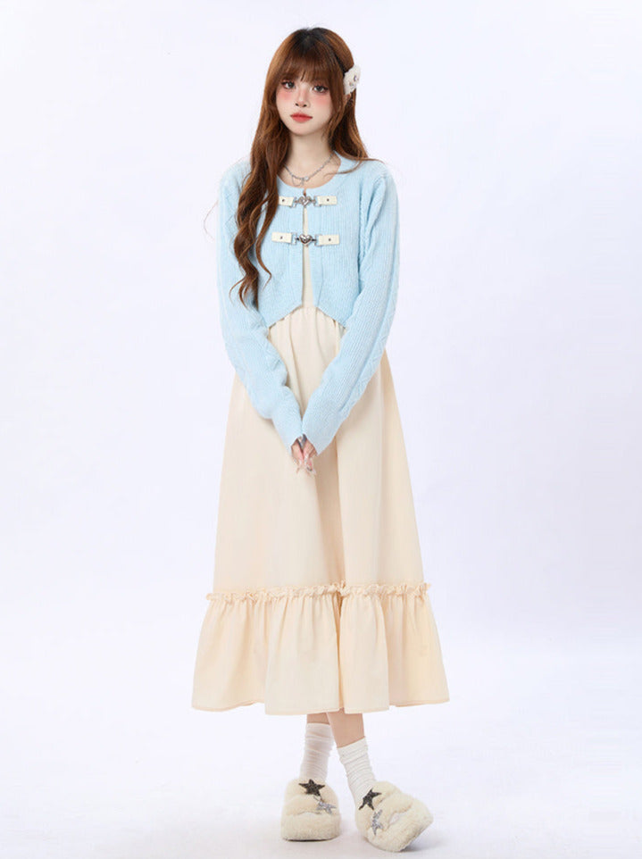 ラッフルニットハートサスペンダーカーディガン+バックルドレス