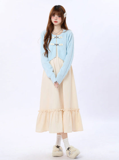 ラッフルニットハートサスペンダーカーディガン+バックルドレス