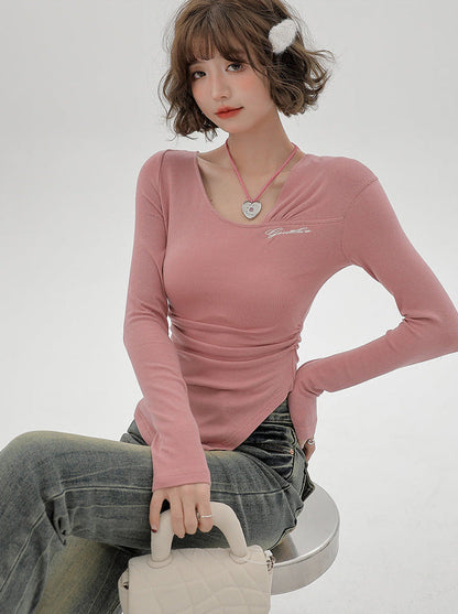 Slim Oblique Long Pleated T Design Shoulder