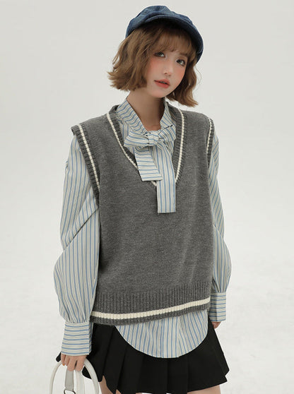 Style Korean Vest + Striped V-neck Shirt