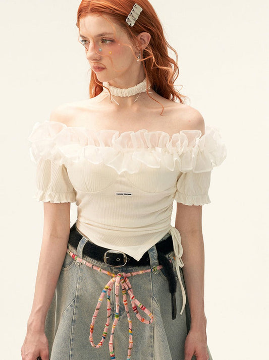 Spitzentop mit Schulterpartie und Tüll, hohes Blumenende, gestrickt