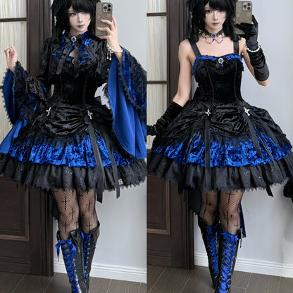 Sheer Ocean Dark Raven Poem blue Gothic Lolita JSK outfit front views