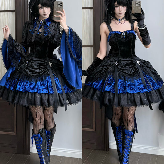 Sheer Ocean Dark Raven Poem blue Gothic Lolita JSK outfit front views