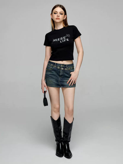 デニムデザインタイトショートロゴスカート