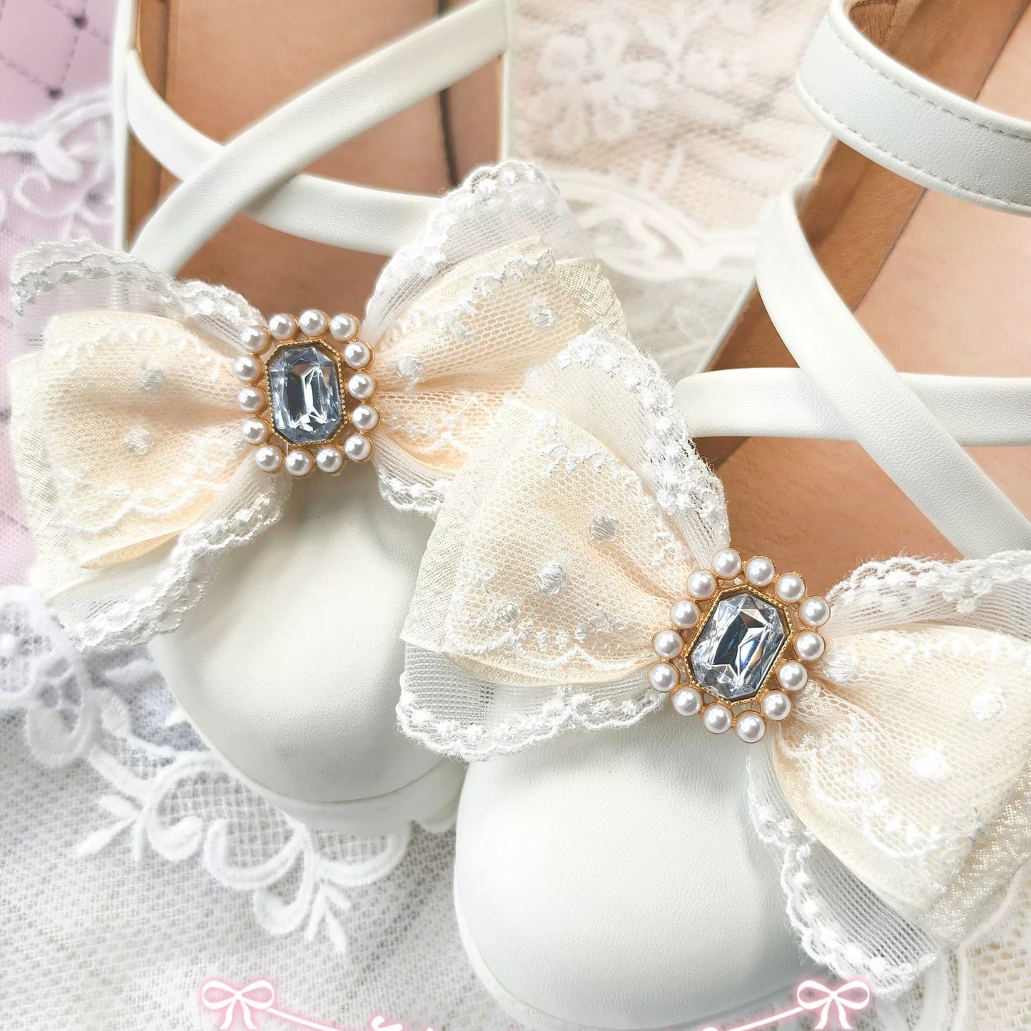 Handmade Heart Bow Shoe Clips with Lace & Pearl - Lolita Accessories