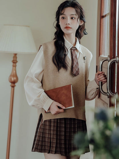 Vest College Skirt Colored Checked Knit Retro Shirt