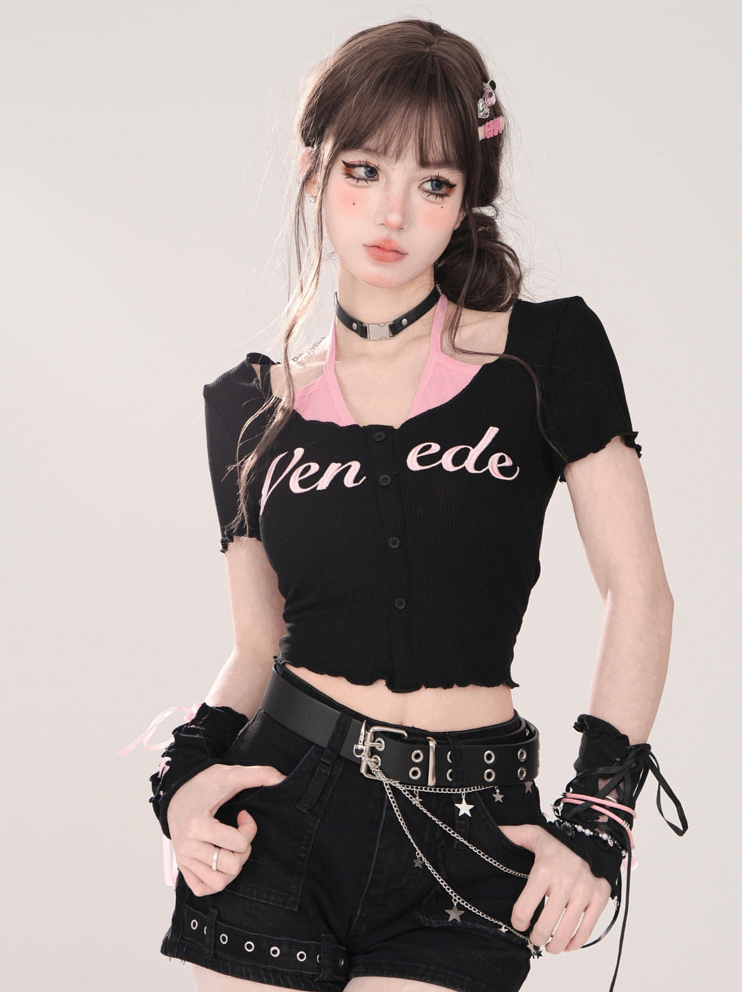 Faux Short Halter Neck U-neck T-shirt and two-piece