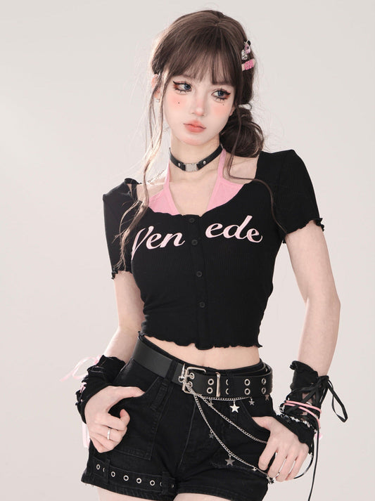 フェイクショートホルターネックUネックTシャツとツーピース