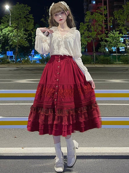 レース無地コットンカラーロリータシャツ