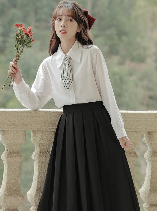 Scarf + Lapel Long Shirt Skirt Pleated