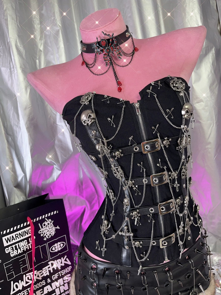 Y2K Punk Gothic Slim Fit Leather Buckle Skull Cross Chain Tube Top