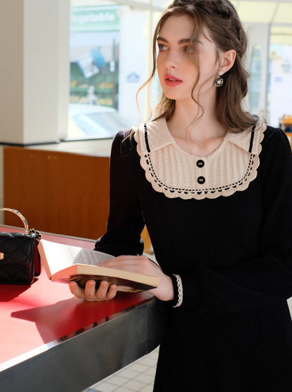 スプライシングブラックフレンチロングドレスラペルクイーンセレナーデニットクラシック