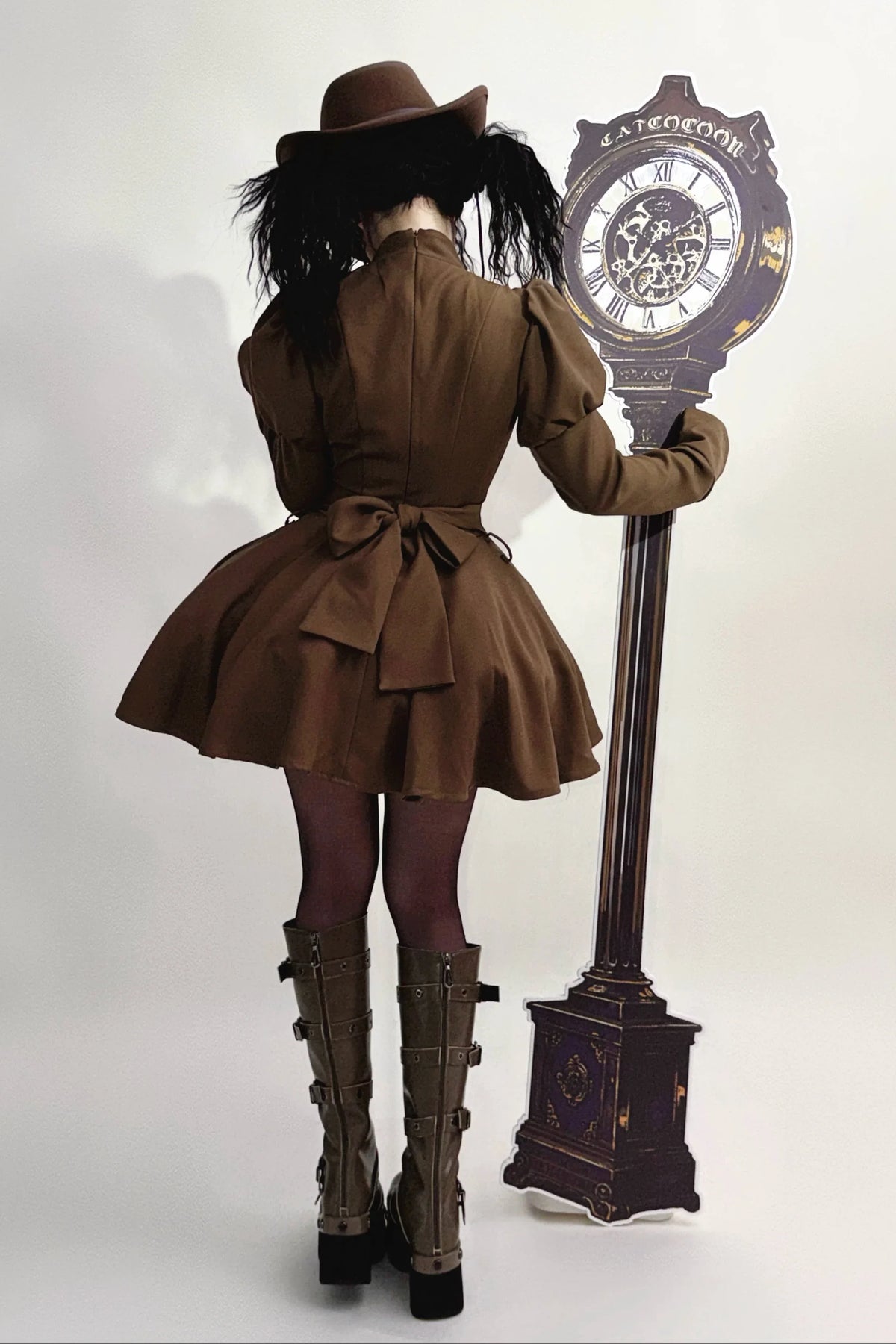 Steampunk Brown x Gothic Black Mode Buckle High Collar Puff Sleeve Doll Dress