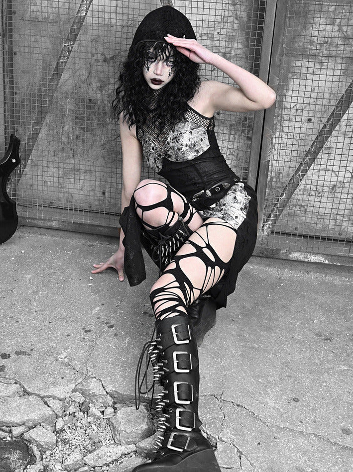 シースルーメッシュシルバーブラックスーツパンクパーカードレススリット