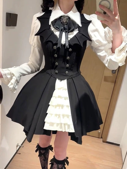 Alternate front view of black JSK and white hime-sleeve blouse