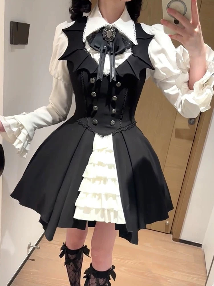 Black and white Lolita dress set with fitted bodice and layered skirt