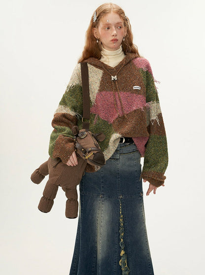 フード付きカラーレトロブロックニット